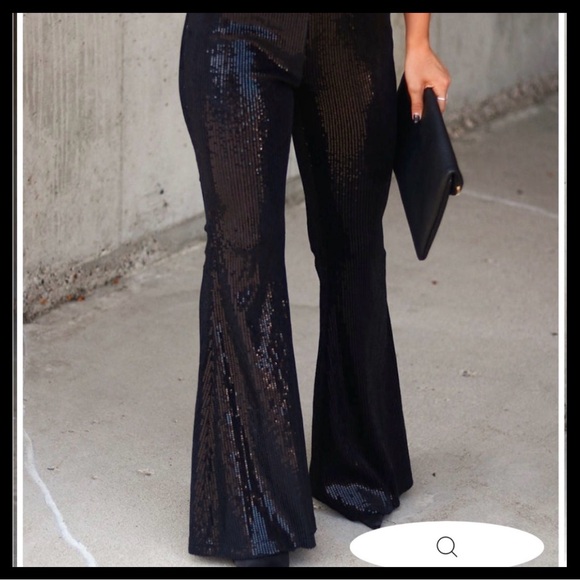 VICI Collection: I WILL SURVIVE SEQUIN FLARE PANTS - BLACK - Picture 4 of 5